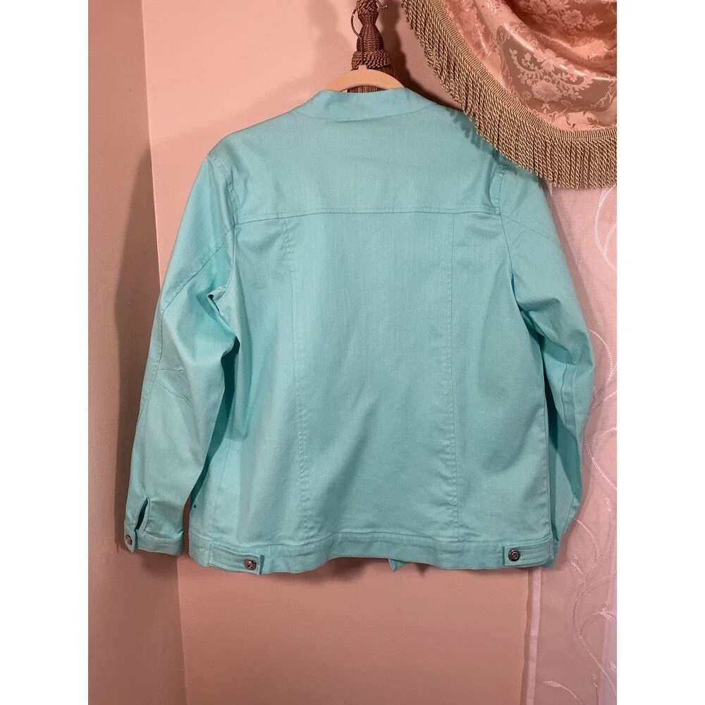 Quacker Factory womens torquise color denim jean jacket Sz S cotton Euro-Summer